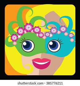 Avatar icon vector illustration of beauty blonde young woman in spring green carnival mask with leaf and pink flowers. Square button with female user icon. Vector personal icon for prom queen.