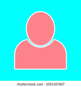Avatar icon. Vector. Magenta icon with white sticker contour at sky blue background. Isolated.