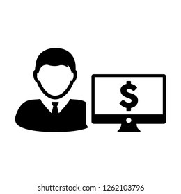Avatar icon vector male user person with computer monitor screen and dollar sign in flat color in Glyph Pictogram Symbol illustration