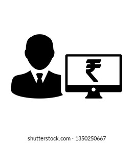 Avatar icon vector male user person with computer monitor screen and Rupee sign in flat color in Glyph Pictogram Symbol illustration