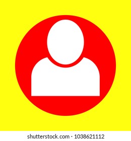 Avatar icon. Vector. White flat icon inside red circle at yellow background. Isolated.