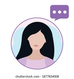 Icono de avatar para comunicación web. conversación remota. La chica de cabello oscuro en el círculo. Ilustración vectorial en un sencillo estilo plano para el diseño y la web.