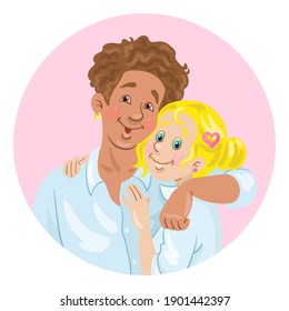 Avatar icon of a young happy couple of man and woman. In cartoon style. In the pink circle. Isolated on white background. Vector flat illustration