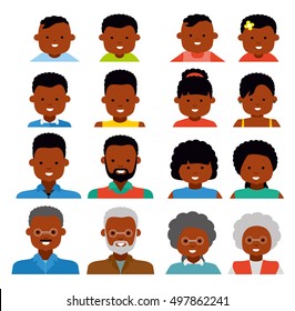 Avatar icons. African american ethnic people. People generations at different ages. Woman and man african american ethnic aging - baby, child, teenager, young, adult, old. Flat illustration