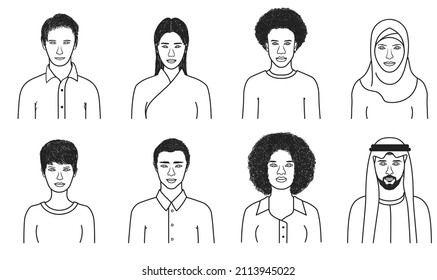 Avatar icons. Different types of appearance - Muslim, African, Asian and Caucasian. Collection of vector isolated icons in line style. Men and women with different hairstyles and clothes. 