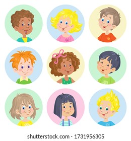 Avatar icons of happy children of different nationalities. In cartoon style. Isolated on white background. Vector flat illustration.