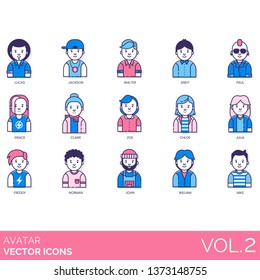Avatar icons including male, female, people, person, user, profile picture. Various character illustrations with name. Simple minimalistic. Modern flat vector style.