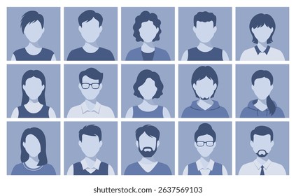 Avatar icons. Man, woman portrait, male and female heads. Social media anonymous user profile icon, people no faces, faceless flat silhouette characters. Vector minimal set.