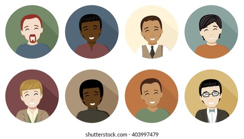 Avatar icons of men in a flat, long shadow style. Eight different men avatar icons in four skin tones and several different hair colors.