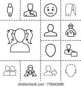 Avatar icons. set of 13 editable outline avatar icons such as face, man, maid, upset emot, user, businessman, doctor with medical reflector, male consultant   with case