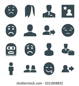Avatar icons. set of 16 editable filled avatar icons such as man, man and woman, user, upset emot, businessman, favorite photo, male consultant   with case, hairstyle