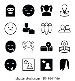 Avatar icons. set of 16 editable filled and outline avatar icons such as upset emot, emot showing tongue, thief emot, favorite photo, male consultant   with case