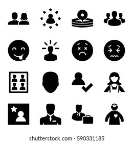 avatar icons set. Set of 16 avatar filled icons such as face, man and woman, maid, upset emot, emot showing tongue, businessman, medical reflector