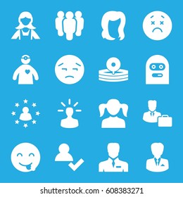 Avatar icons set. set of 16 avatar filled icons such as girl, hairstyle, maid, upset emot, emot showing tongue, thief emot, businessman, medical reflector