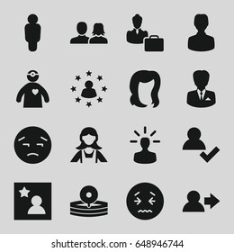 Avatar icons set. set of 16 avatar filled icons such as man and woman, hairstyle, maid, upset emot, medical reflector, doctor with medical reflector, favorite photo