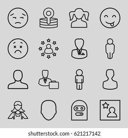 Avatar icons set. set of 16 avatar outline icons such as face, man, girl, maid, medical reflector, favorite photo, male consultant   with case, businessman, upset emot
