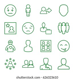 Avatar icons set. set of 16 avatar outline icons such as face, man, man and woman, businessman, doctor with medical reflector, photo for passport, favorite photo