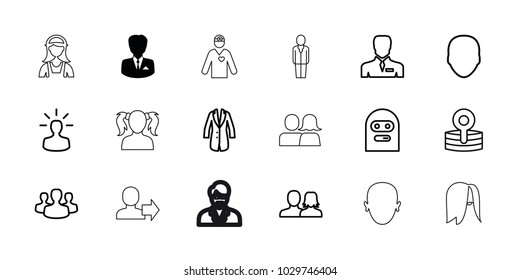 Avatar icons. set of 18 editable outline avatar icons: businessman, face, man and woman, thief emot, medical reflector, jacket, user bulb, user group, girl, hairstyle, maid