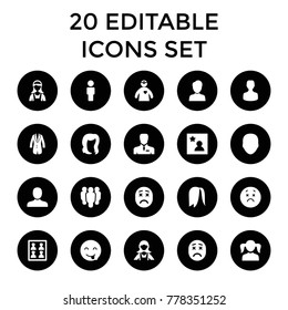Avatar icons. set of 20 editable filled avatar icons such as face, man, girl, hairstyle, maid, upset emot, emot showing tongue. best quality avatar elements in trendy style.