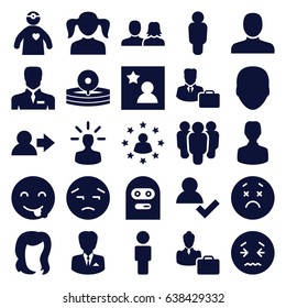 Avatar icons set. set of 25 avatar filled icons such as face, man, man and woman, girl, hairstyle, upset emot, emot showing tongue, thief emot, businessman, medical reflector