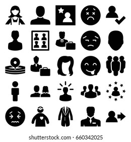 Avatar icons set. set of 25 avatar filled icons such as face, man, man and woman, hairstyle, maid, upset emot, emot showing tongue, businessman, medical reflector