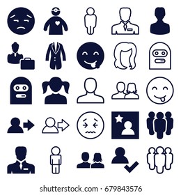Avatar icons set. set of 25 avatar filled and outline icons such as man and woman, girl, upset emot, emot showing tongue, thief emot, businessman