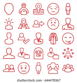 Avatar icons set. set of 25 avatar outline icons such as face, man, man and woman, girl, maid, businessman, medical reflector, doctor with medical reflector, jacket
