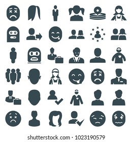 Avatar icons. set of 36 editable filled avatar icons such as face, man, man and woman, girl, hairstyle, maid, add user, upset emot, emot showing tongue, thief emot, user