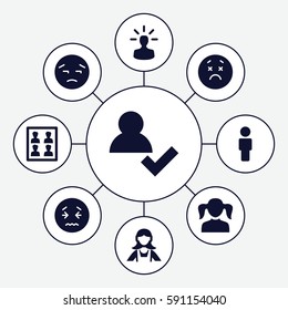avatar icons set. Set of 9 avatar filled icons such as girl, maid, upset emot, photo for passport, user bulb, add user