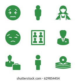 Avatar icons set. set of 9 avatar filled icons such as maid, upset emot, medical reflector, photo for passport, woman consultant with case, businessman