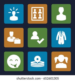 Avatar icons set. set of 9 avatar filled icons such as girl, emot showing tongue, medical reflector, jacket, photo for passport, male consultant   with case, user bulb