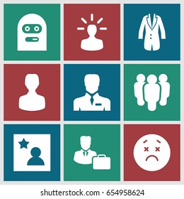 Avatar icons set. set of 9 avatar filled icons such as upset emot, thief emot, businessman, jacket, favorite photo, male consultant   with case, user bulb, user
