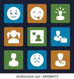 Avatar icons set. set of 9 avatar filled icons such as girl, upset emot, emot showing tongue, favorite photo, male consultant   with case, businessman, user bulb