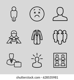 Avatar icons set. set of 9 avatar outline icons such as man, maid, jacket, photo for passport, male consultant   with case, user bulb, upset emot, user