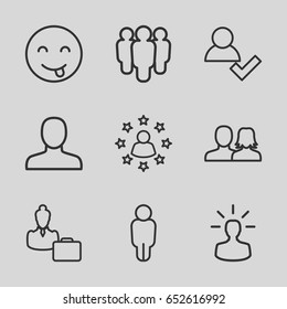 Avatar icons set. set of 9 avatar outline icons such as man, man and woman, woman consultant with case, user bulb, emot showing tongue, add user