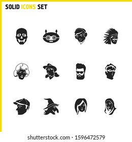 Avatar icons set with boy in cap, witch and skeleton elements. Set of avatar icons and meloman concept. Editable vector elements for logo app UI design.