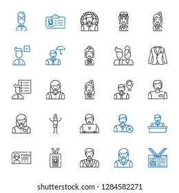 avatar icons set. Collection of avatar with id card, woman, man, employee, user, stewardess, user list, suit, users, remove user, pilot. Editable and scalable avatar icons.