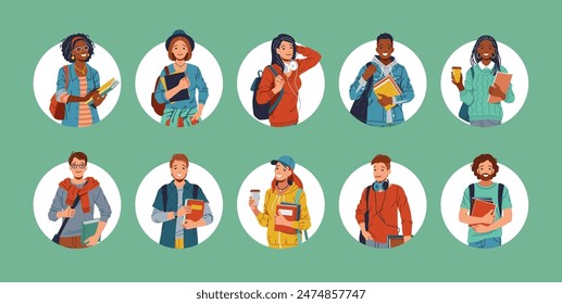 Avatar icons set of a diverse group of students, four women and four men, standing together in casual clothing, carrying backpacks. They smile and look at the camera against a green pastel background