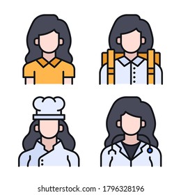 Avatar Icons Set (Filled Line)= girl, delivery girl, chef, doctor. Perfect for website mobile app, presentation, illustration and any other projects.