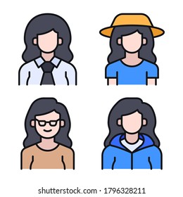 Juego de íconos de avatar (línea llena) = Chica de negocios, sombrero de chica, gafas de chica, chofer. Perfecto para aplicaciones móviles web, presentación, ilustración y cualquier otro proyecto.