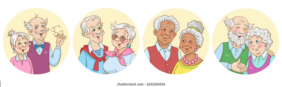 Avatar icons set. Four cute elderly couples.  Composition in the circle. In cartoon style. Isolated on a white background. Vector illustration.