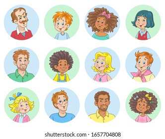 Avatar icons set. Happy people of different ages and nationalities. In cartoon style. Isolated on white background Vector illustration.