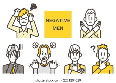 Iconos de avatar de hombres con expresiones faciales negativas [Ilustración vectorial].