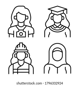 Avatar Icons Set = photographer, graduation girl, girl builder, girl. Perfect for website mobile app, presentation, illustration and any other projects.