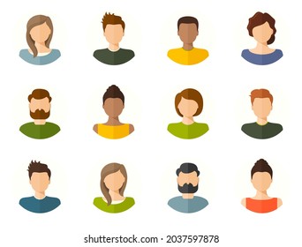 Juego de iconos de avatar. Retratos de avatar. Empresarios con diferentes caras, hombres y mujeres, grupos de equipo y empleados, personajes aislados de vectores. Gente Cabeza de estilo plano Set. Personajes de personas diferentes. 