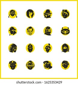 Avatar icons set with spy, robot and old woman elements. Set of avatar icons and chatbot concept. Editable vector elements for logo app UI design.