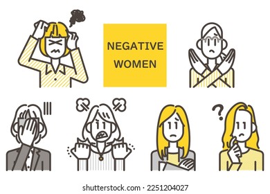 Avatar icons set of women with negative facial expressions [Vector illustration].