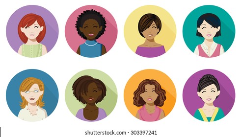 Avatar icons of women in a flat, long shadow style.Eight different women avatar icons in four skin tones and several different hair colors.