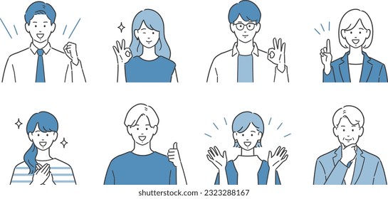 Ilustración de avatar de personas asiáticas con emoción positiva