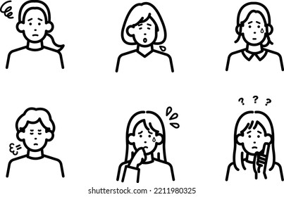 Avatar illustration set of a woman with negative facial expression, line drawing.